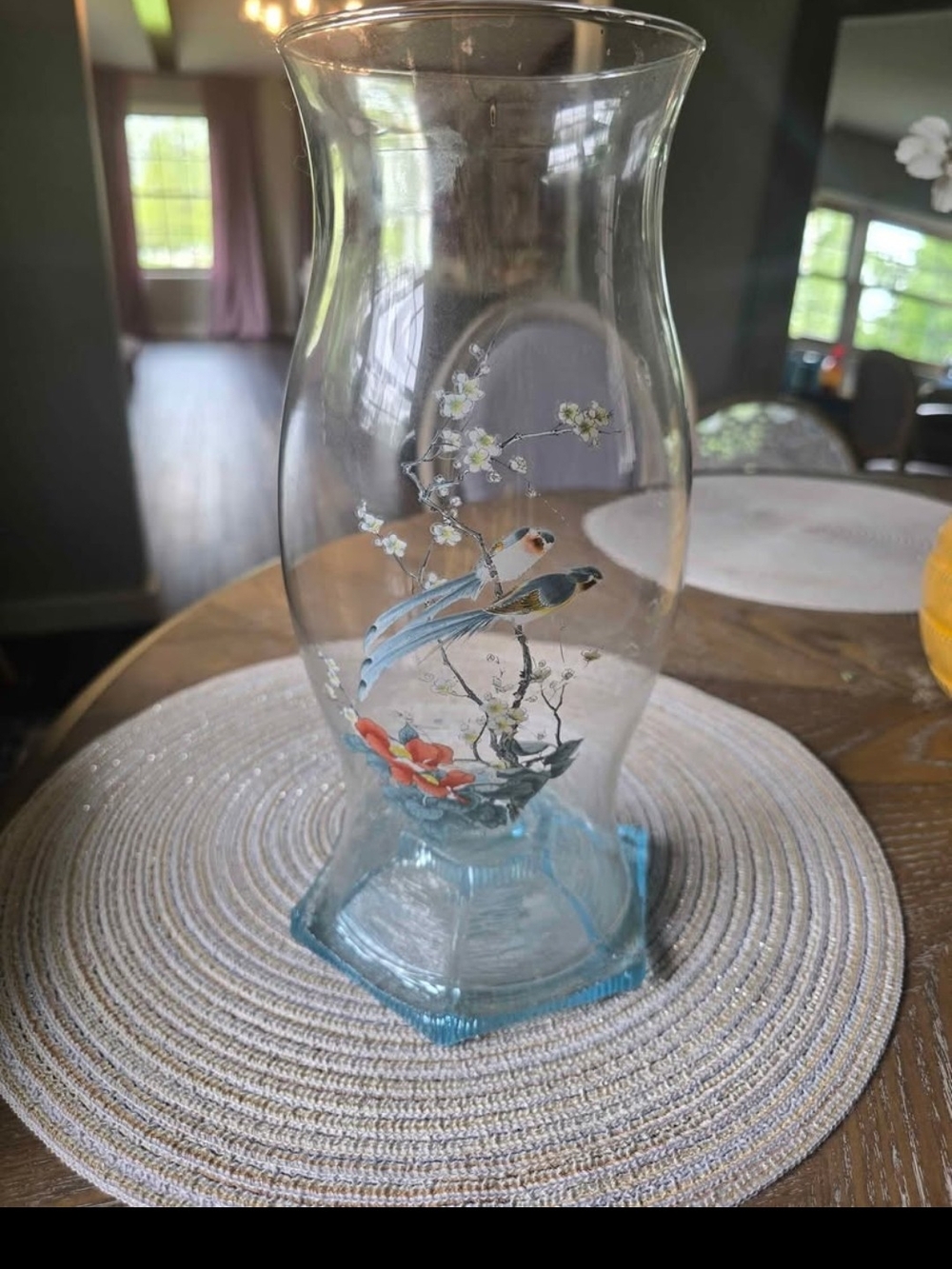 Vintage Hurricane Candle holder with Bird Details- Clear/Blue
